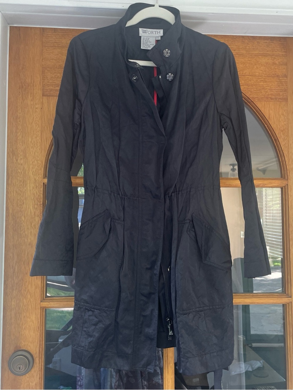 NWOT Worth New York Black Metallic Satin Jacket Trench Coat Size Small